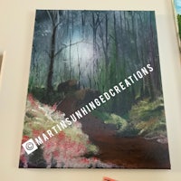 a painting of a forest with trees and flowers