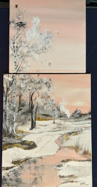 two paintings of a snowy landscape with trees and a river